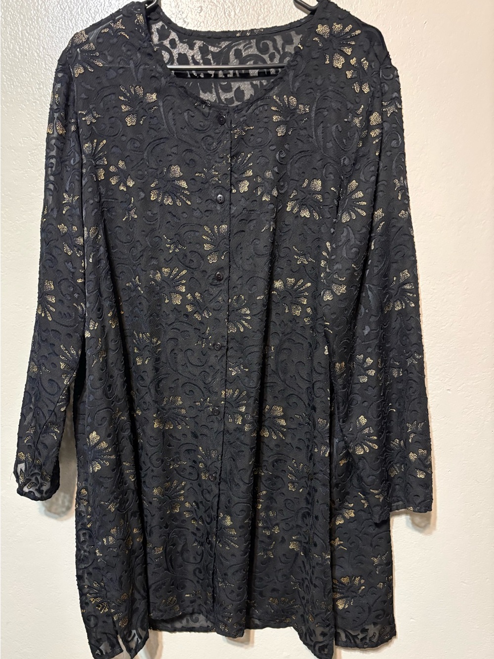 Women’s Black Lace Sheer Overlay Long Sleeve Button Front Tunic w/ Gold Accents